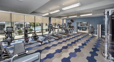 Well-equipped fitness room in a senior living facility