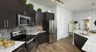 Modern kitchen interior with stainless steel appliances