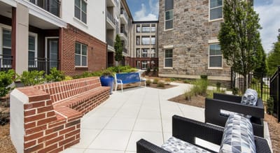 Outdoor seating area with potted plants and benches