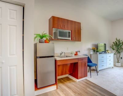 Interior view of a kitchenette in a living space