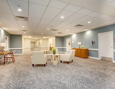 Bright common area with seating and decor