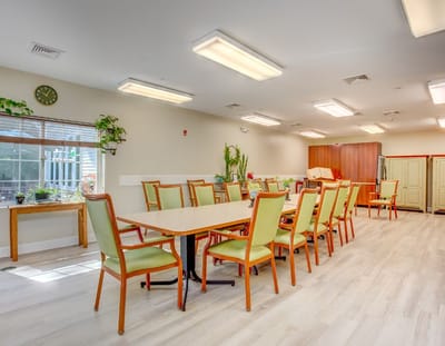 Bright dining area with chairs and tables
