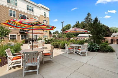 Outdoor space with colorful umbrellas and seating