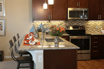 Modern kitchen interior with dining setup