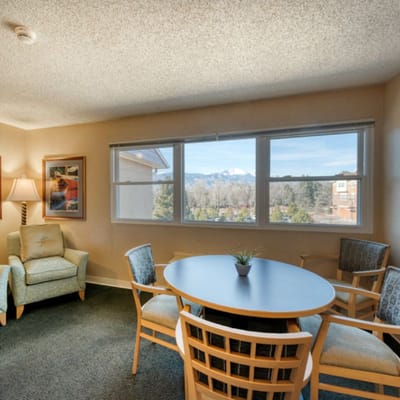 Bright and inviting common space with seating and views