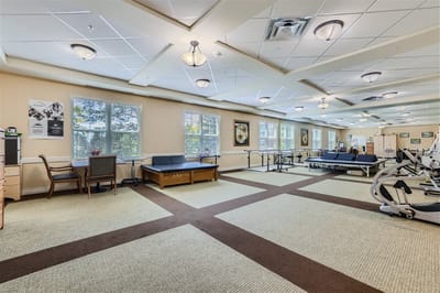 Bright physical therapy room with equipment and natural light