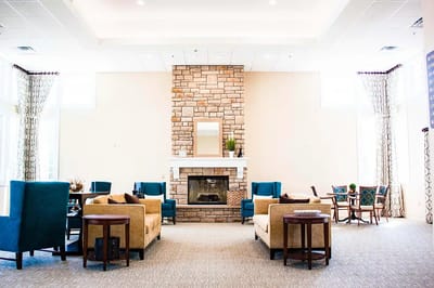 Interior view of a cozy common area with seating