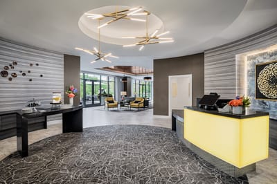 Modern lobby area with seating and decor