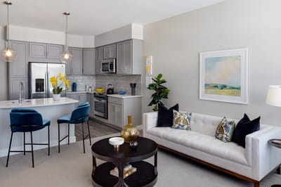 Modern interior of a living area with kitchen