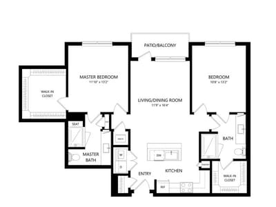 Architectural floor plan of a two-bedroom unit