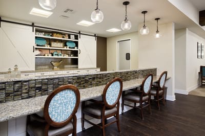 Interior view of a bright common area with seating