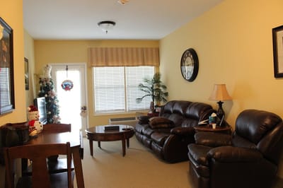 Cozy lounge area with seating and decorations