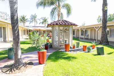 A sunny courtyard with greenery and seating area