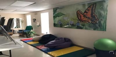 Interior space with colorful mats and a butterfly mural