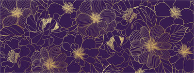 Floral pattern with gold outlines on purple background.