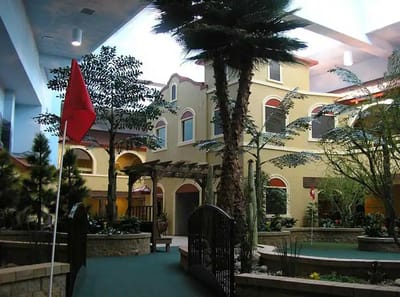 Interior courtyard with plants and seating areas