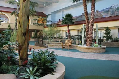 Indoor garden area with plants and seating