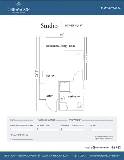 Architectural floor plan of a studio apartment.