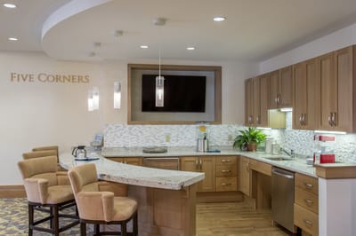 Interior view of the Five Corners Bistro kitchen area.
