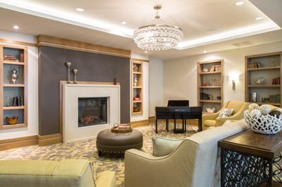 Cozy common area with seating and fireplace
