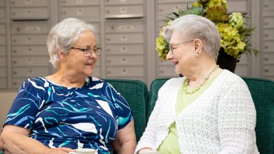 Two seniors engaged in conversation in a lounge area.