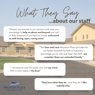 Testimonials highlighting staff care and service