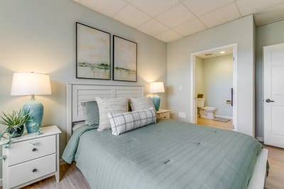 Brightly decorated bedroom at a senior living facility