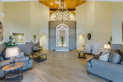 Bright and welcoming common area of a senior living facility
