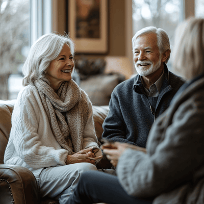 Three older adults enjoying conversation indoors