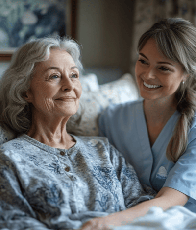 A caregiver smiling at an elderly resident.