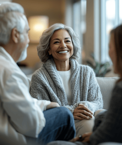 Smiling residents enjoying conversation in a common area.