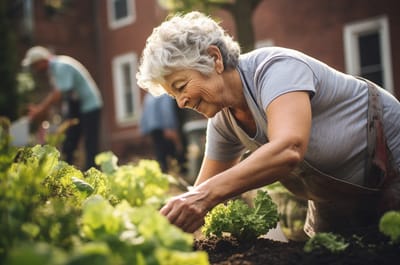 Senior woman gardening in a community garden