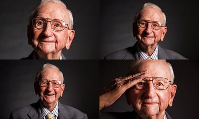 Portraits of an elderly man smiling and posing.