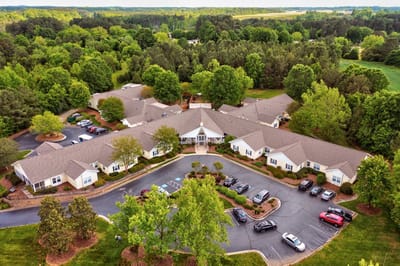 Aerial view of TerraBella Northridge surrounded by greenery.