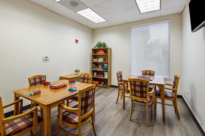 Common area with tables and games.