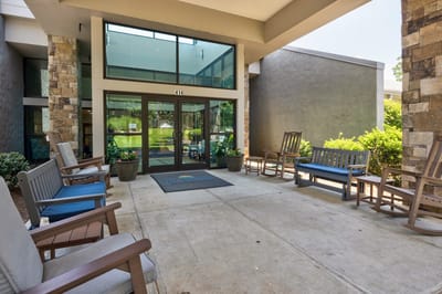 Entrance area with seating outside the facility