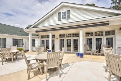Outdoor seating area at assisted living facility.