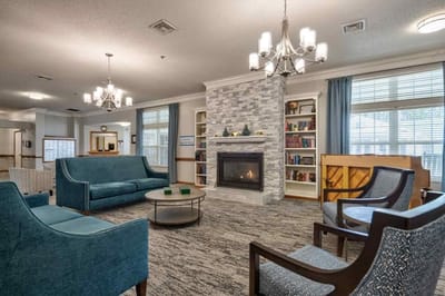 Cozy common area with seating and fireplace