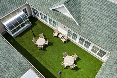 Aerial view of a landscaped outdoor space.