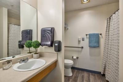 Clean bathroom with modern fixtures and decor.