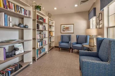 Cozy reading area with books and seating