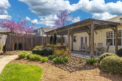 Beautiful outdoor garden area with seating.