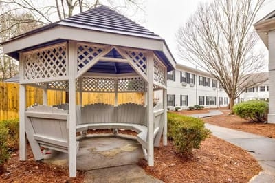 Outdoor gazebo in a landscaped area