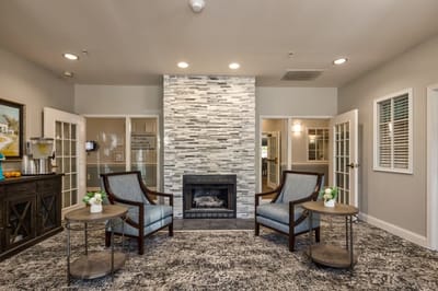 Cozy common area with seating and fireplace.