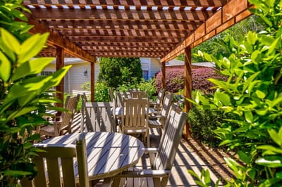 Outdoor seating area under a wooden pergola.