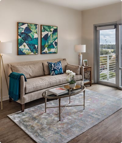 Cozy living space with modern decor and natural light