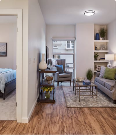 Interior view of a cozy resident room with seating area