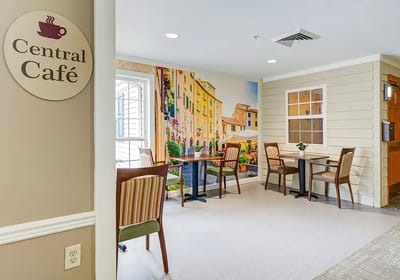 Interior view of the Central Café with a mural
