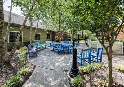 Outdoor seating area with colorful benches