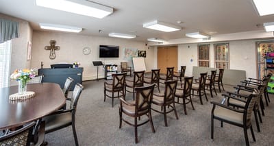 Interior view of a common area with seating and decor